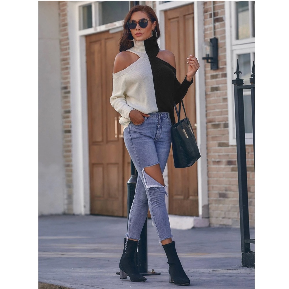 Cold Shoulder Colorblock Black and Off White Turtleneck Sweater - Picture 2 of 7